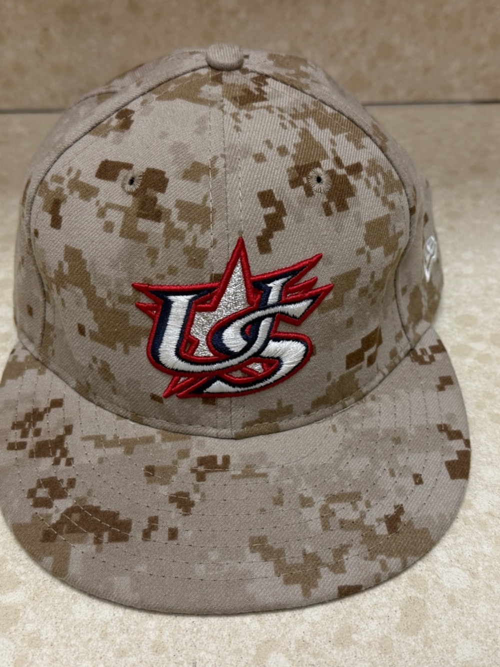 New Era Desert Camo Tan Baseball Cap with Red, White & Navy Logo 7 1/4